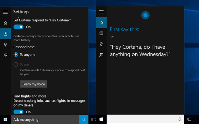 Окно Cortana с настройками, где можно включить «Hey Cortana» и начать обучение голоса