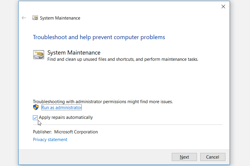 Запуск средства устранения неполадок Системного обслуживания