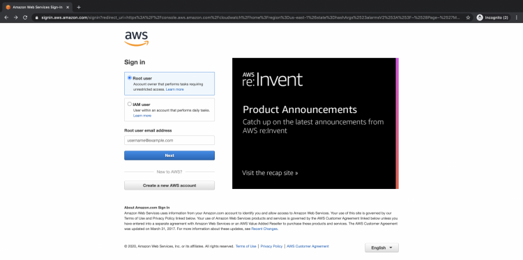 Страница логина AWS