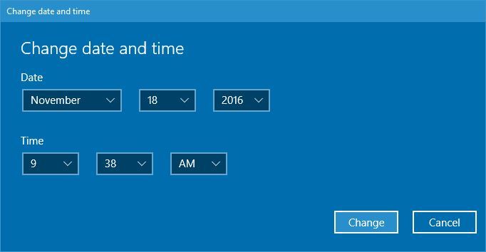 Диалог изменения даты и времени Windows