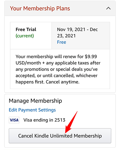 Выберите Cancel Kindle Unlimited Membership.
