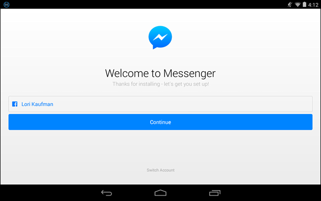 Экран привествия Messenger с отображением имени профиля Facebook