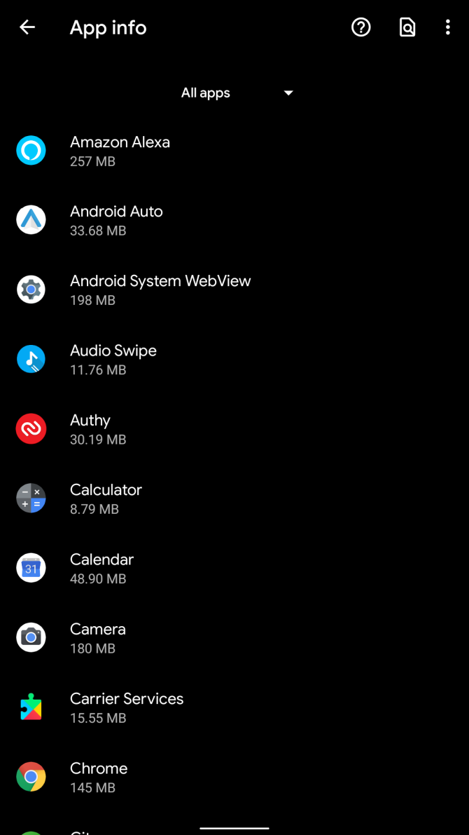 Окно сведений о приложении в Android 10