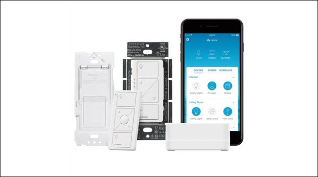 Комплект Lutron: умный выключатель, беспроводной пульт и приложение Lutron на смартфоне для управления освещением и вентиляцией.
