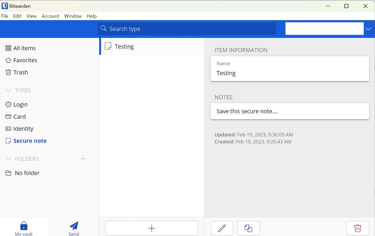 Окно Bitwarden с отображённой защищённой заметкой