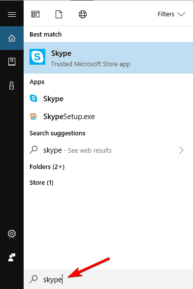 Поиск Skype через меню Пуск