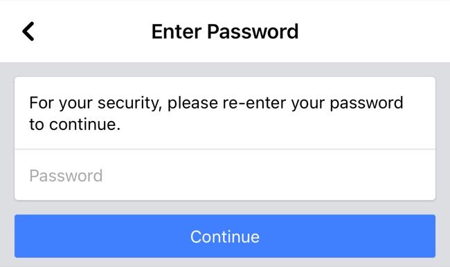 Введите пароль Facebook в мобильном приложении