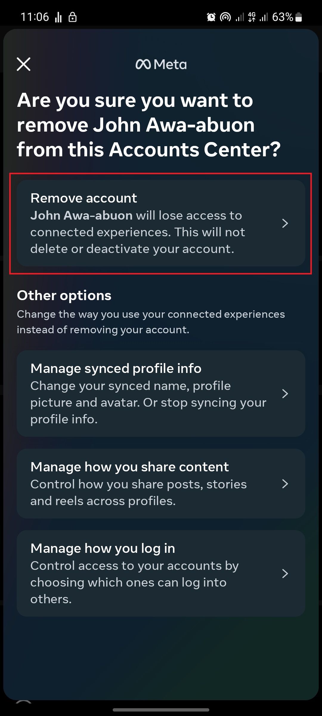 confirm account removal page on Instagram