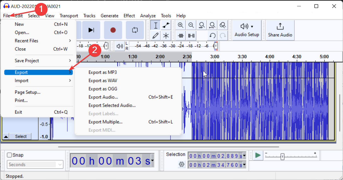 Экспорт отредактированного аудио