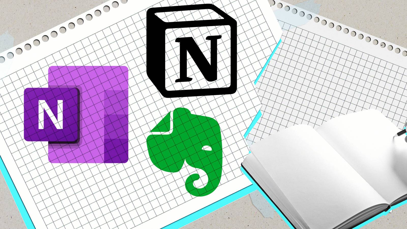 Open notebook with Notion OneNote and Evernote logos