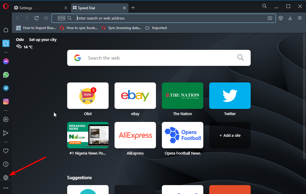 Иконка Настроек в Opera для доступа к внешнему виду