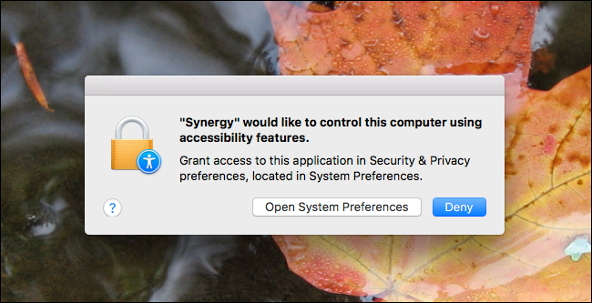Диалог включения доступа специальных возможностей для Synergy в macOS