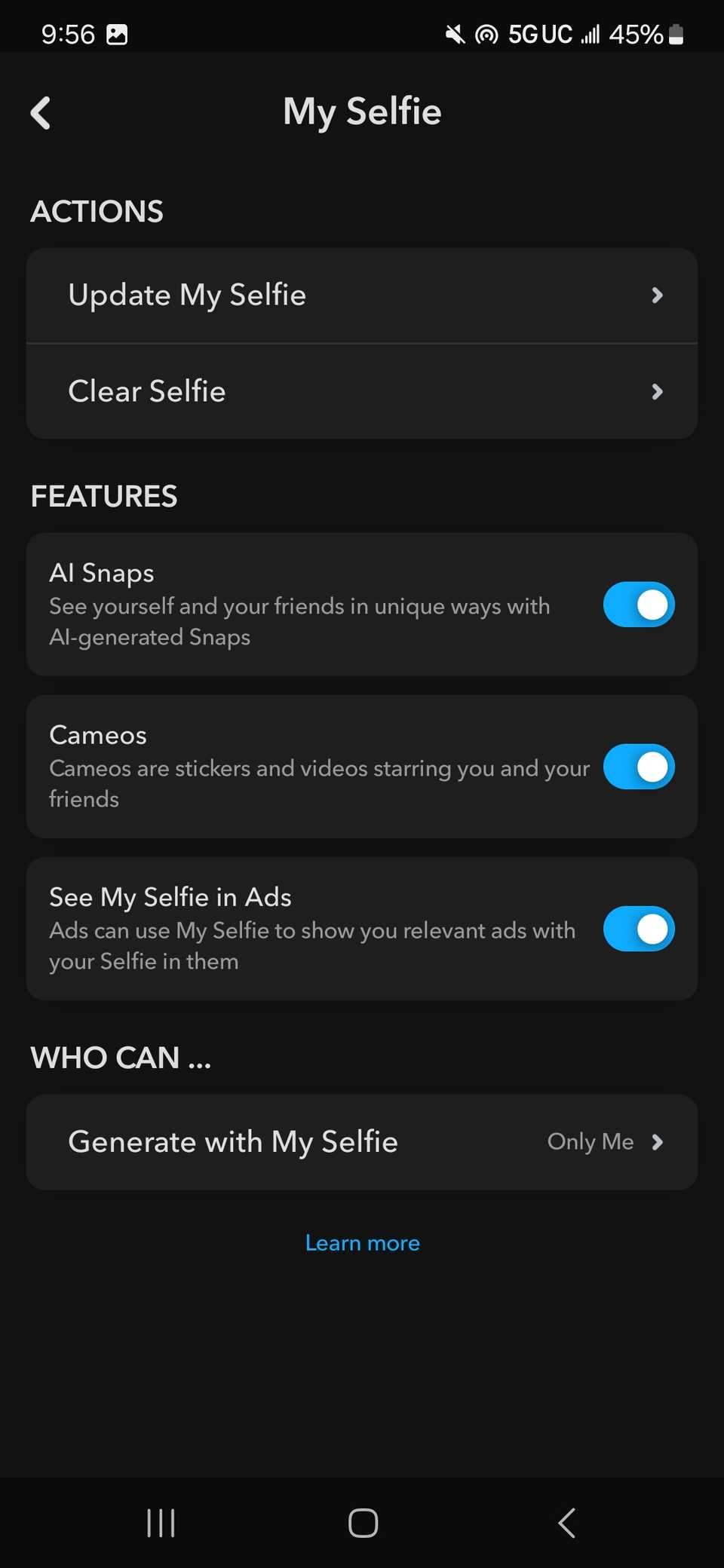 Отключите настройку See My Selfie in Ads