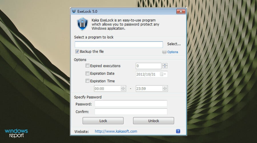 KakaExeLock: пример настройки пароля для исполняемого файла