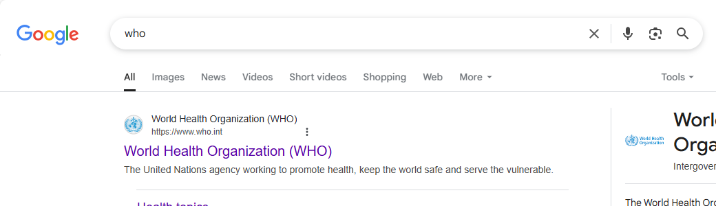 Результат поиска Google для запроса 'who'