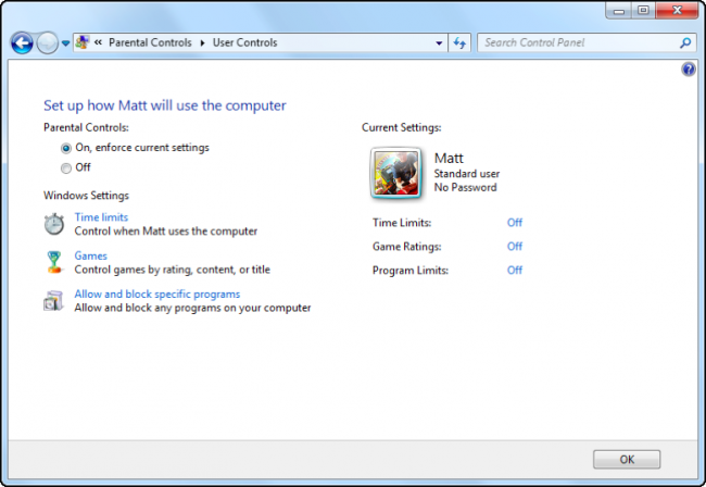 Изображение: включение родительского контроля в Windows 7
