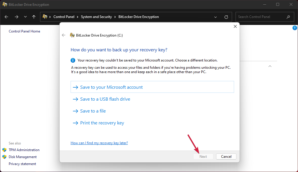 Варианты сохранения ключа восстановления BitLocker
