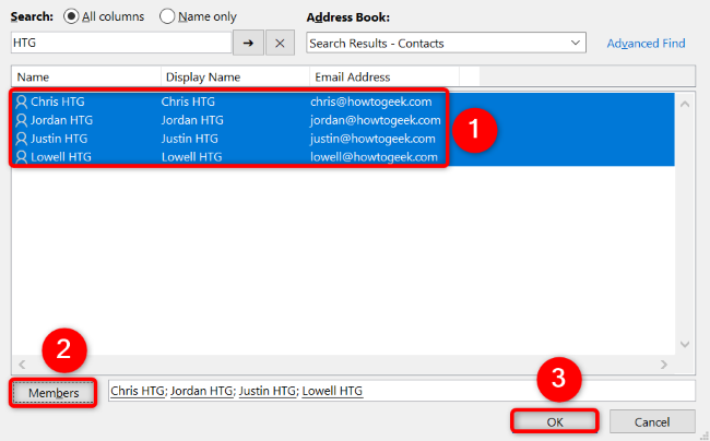 Иллюстрация выбора контактов для группы в Outlook.
