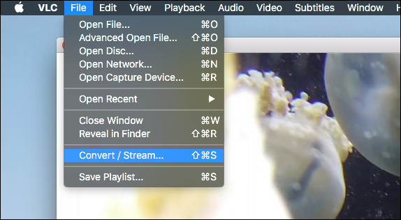 Скриншот меню VLC с опцией Конвертировать/Транслировать