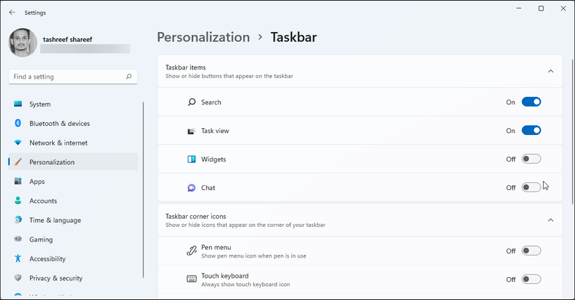 Параметр включения/отключения виджетов в Windows 11