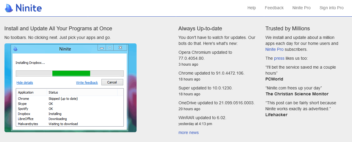 Ninite позволяет массово устанавливать безопасные приложения одним запуском