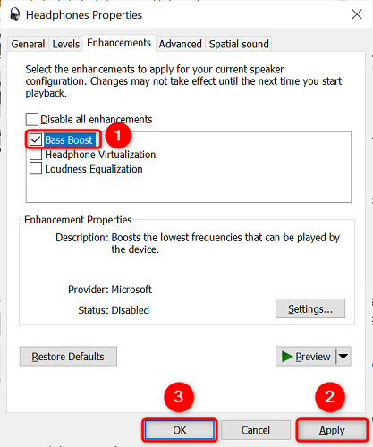 Включите «Усиление басов», затем нажмите «Применить» и «ОК».