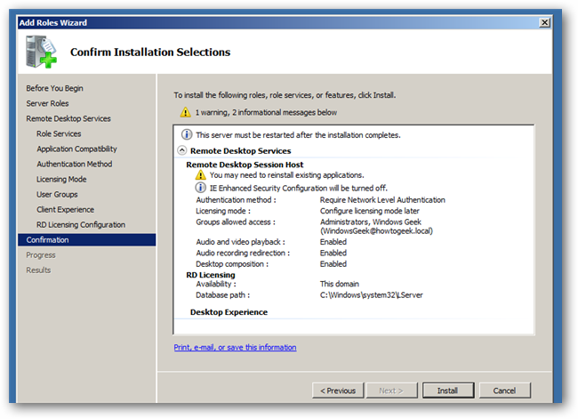 Installation des services de bureau à distance en cours