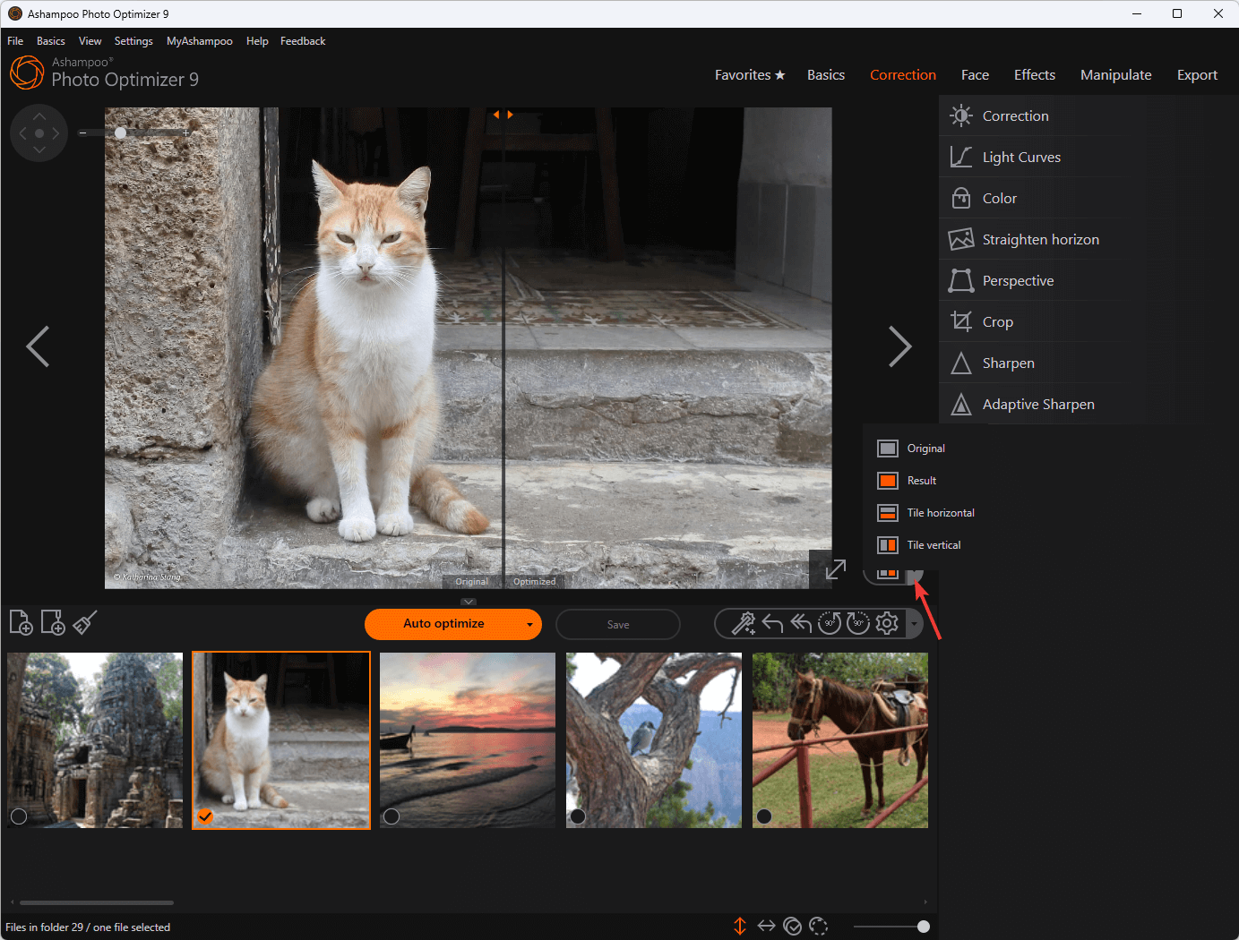 Инструмент сравнения «Оригинал / Результат» и режимы плитки