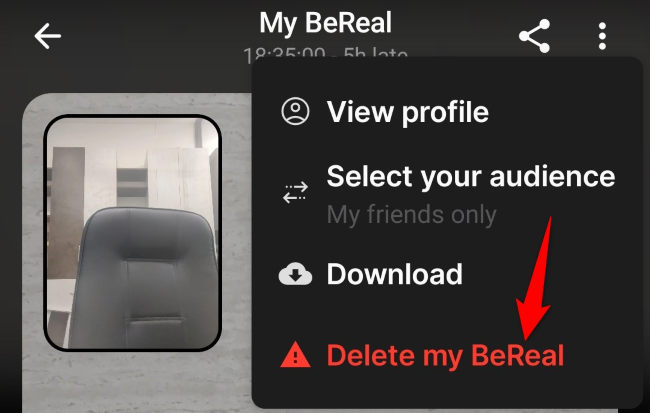 Выберите «Delete My BeReal» в меню управления постом.