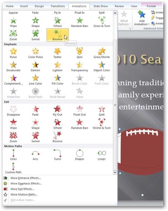 Выбор эффекта анимации в PowerPoint 2010