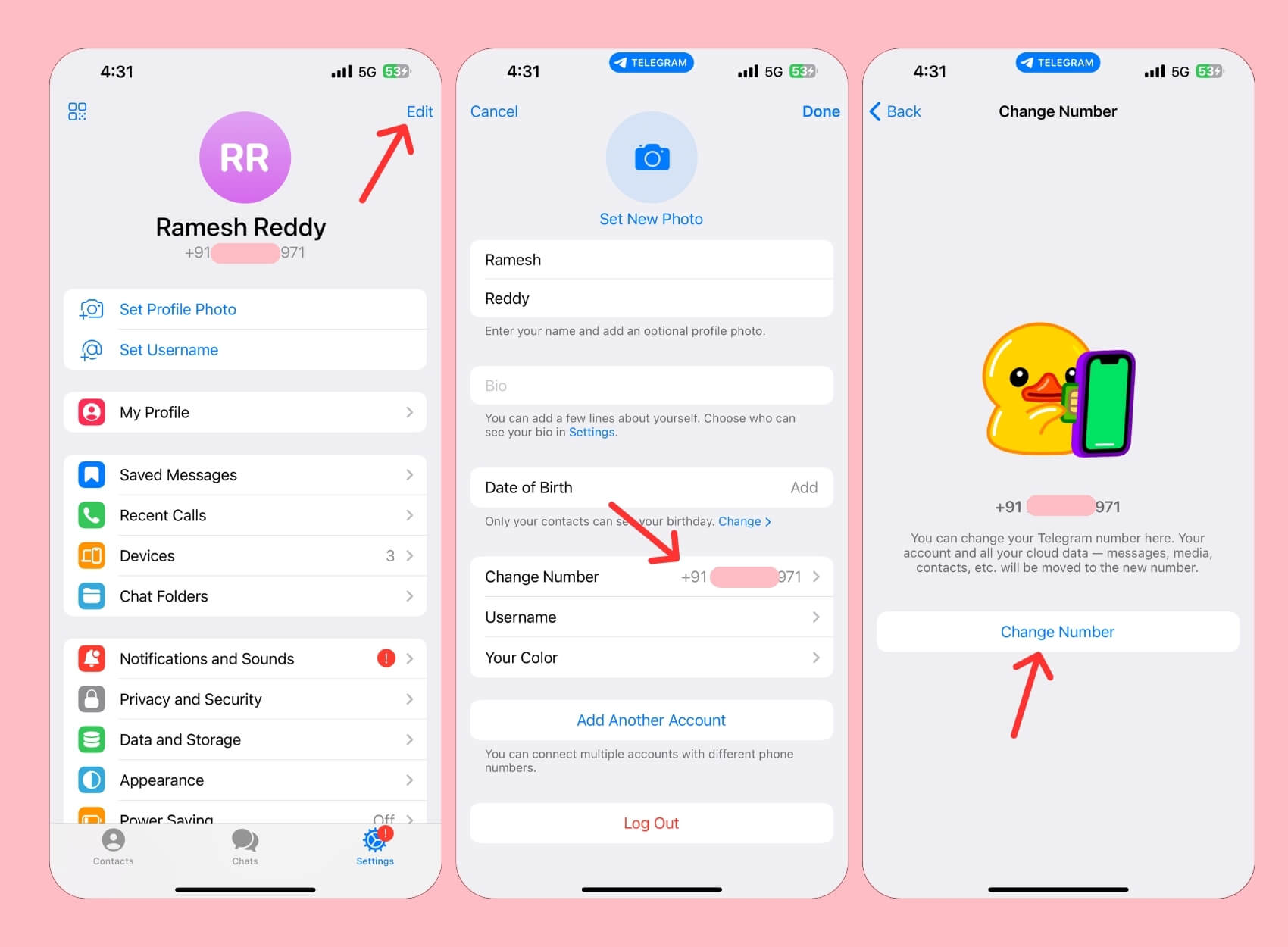 Иллюстрация процесса смены номера в iOS — экран настроек
