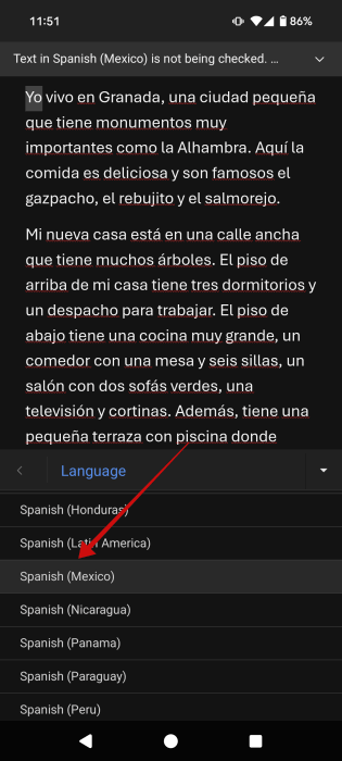 Выбор нового языка в Word на Android. 