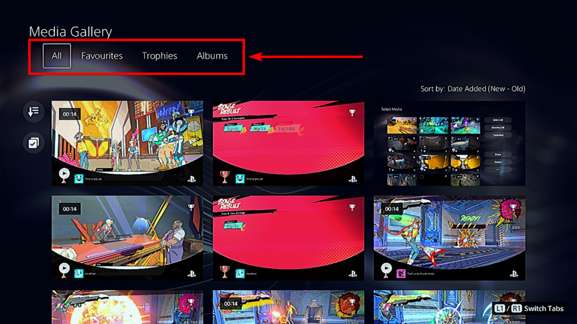 Выбор вкладки в Галерее медиа на PS5.