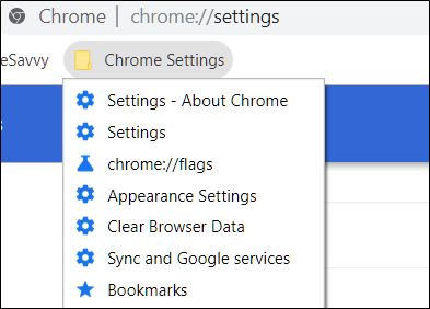 Пример закладки на страницу настроек Chrome для быстрого доступа