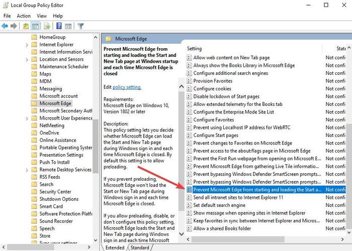 Политика предотвращающая автоматический запуск Microsoft Edge