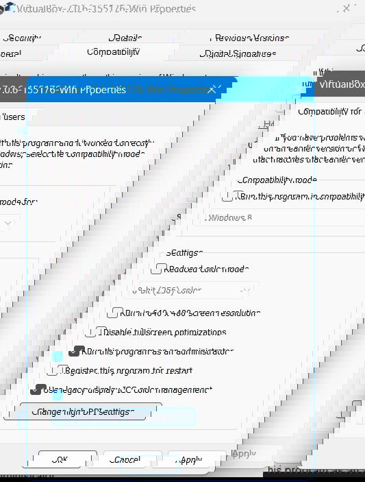 Настройки режима совместимости и опции администратора.