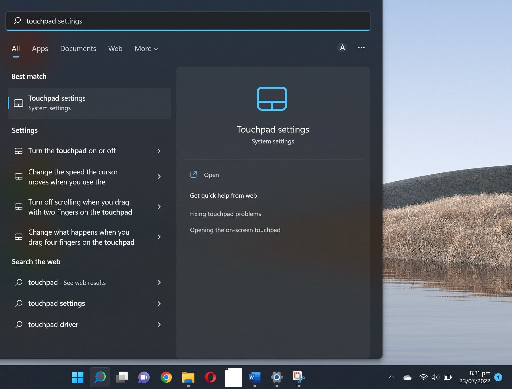Поиск настроек тачпада в строке поиска Windows 11