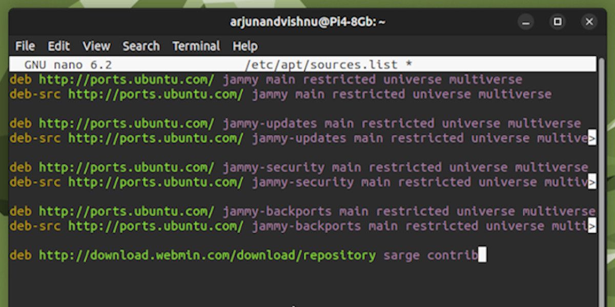 Adding a new repository to the software sources file using nano editor