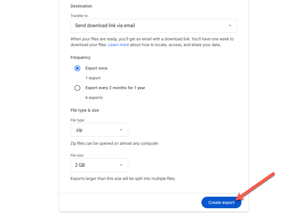 Настройка экспорта в Google Takeout.