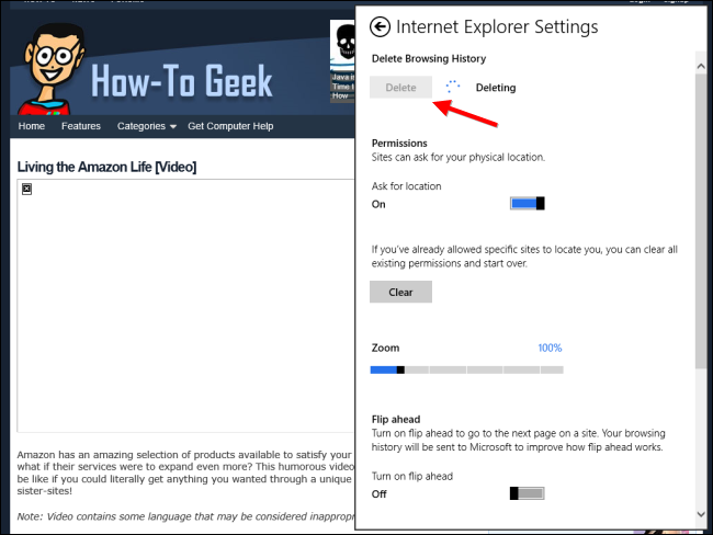 Кнопка удаления истории в Modern IE