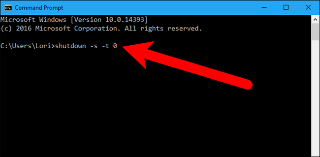 Ввод команды shutdown в командной строке