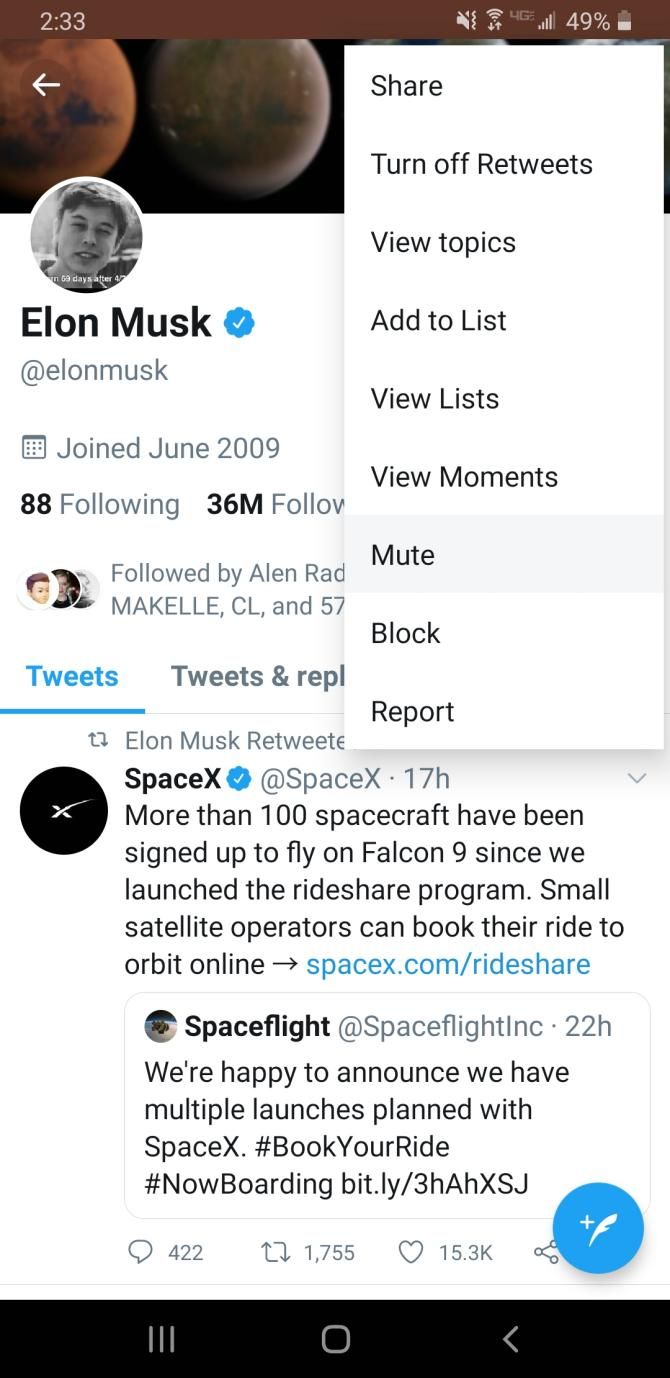 Меню пользователя Twitter с опцией заглушить