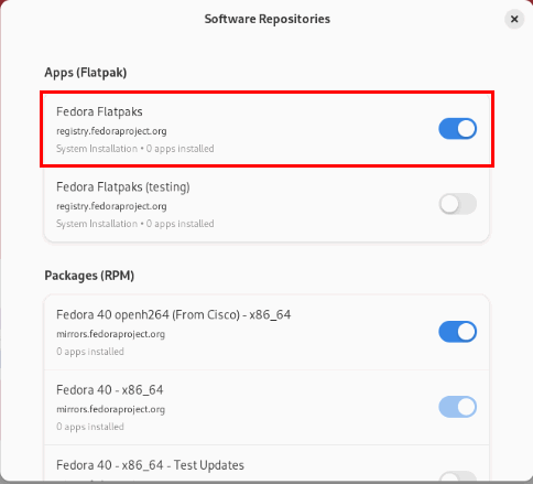Скриншот, показывающий переключатель репозитория Fedora Flatpaks в Fedora 40.