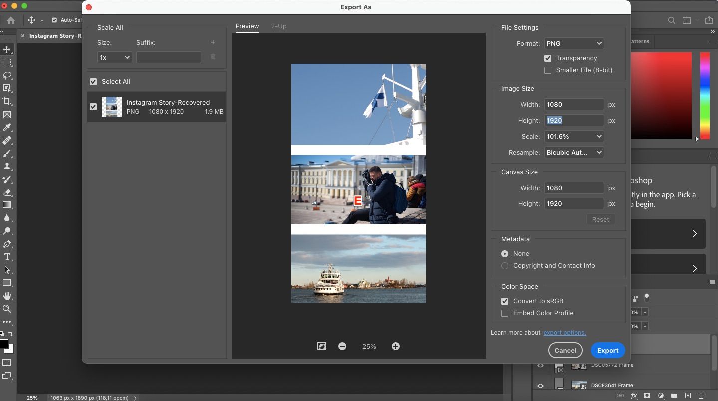 Экспорт изображения в PNG для загрузки в Instagram Stories