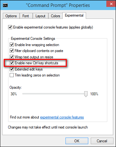 Параметры консоли: включить сочетания Ctrl