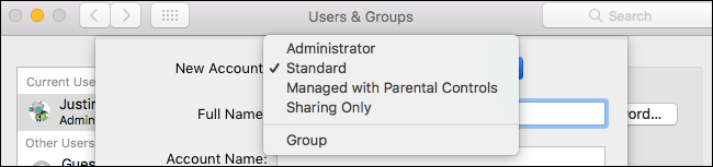 Пояснение типов учётных записей: Администратор, Стандартный, Под контролем, Только общий доступ