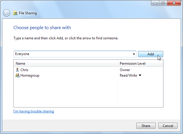 Добавление пользователя Everyone в список доступа