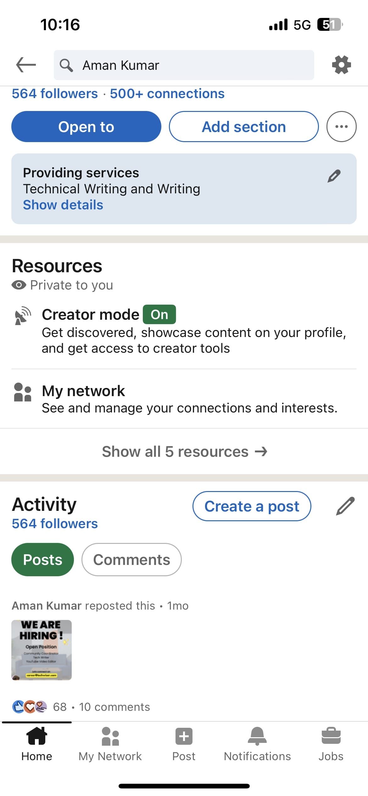 Пункт «Show all resources» в мобильном профиле LinkedIn