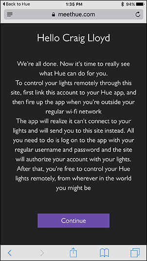 Подтверждение доступа к мосту на сайте My Hue