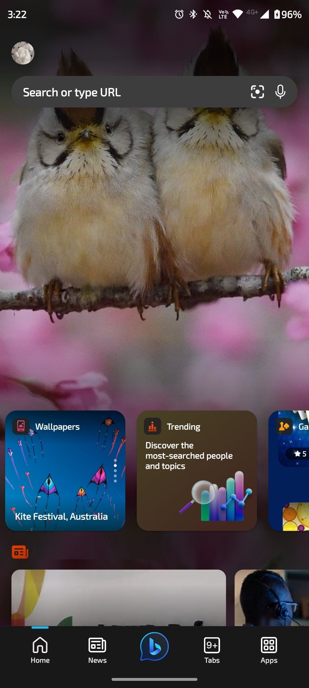 Главный экран приложения Bing